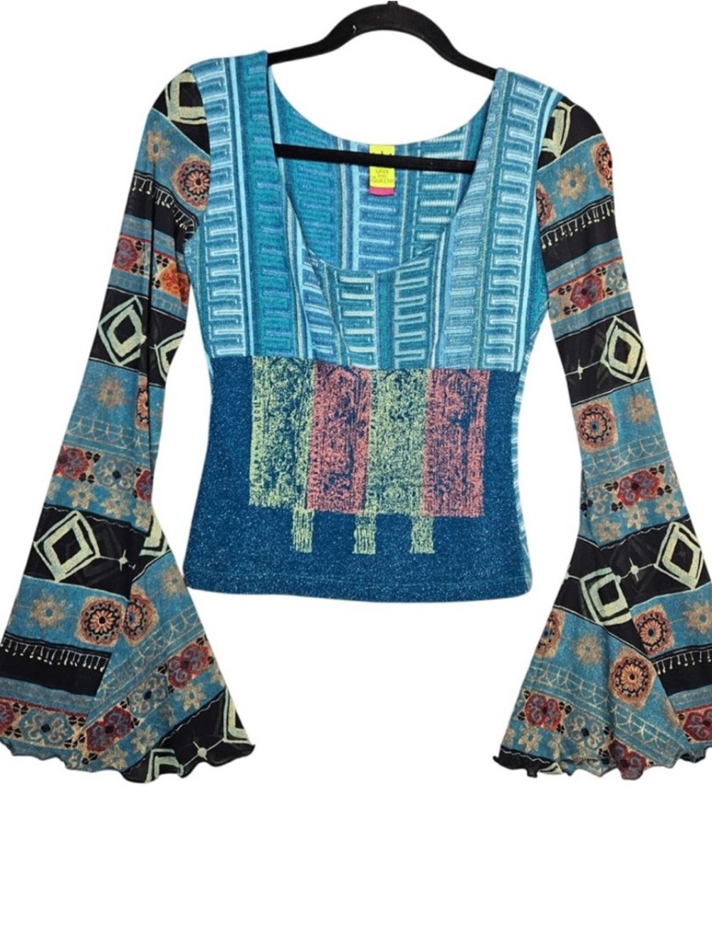 Save The Queen Bright Teal & Lime Graphic Label Top
